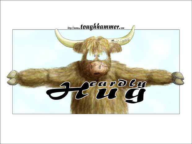 Highland cattle bull with wide open arms: “cardly Hug”