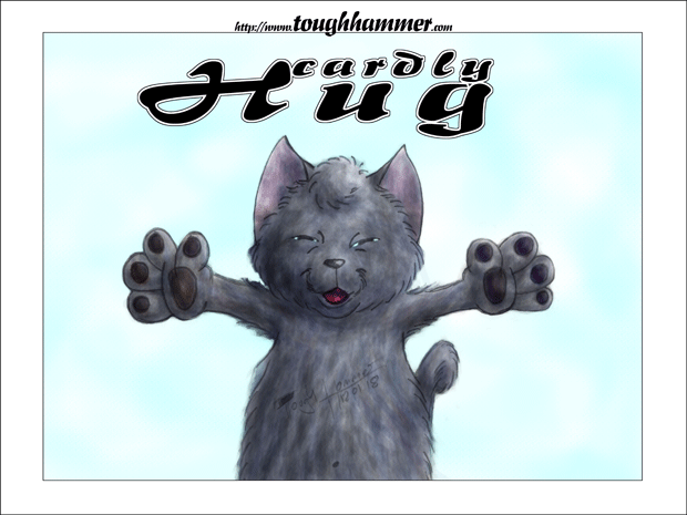 Cuddly cat with wide open arms: “cardly Hug”