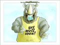 Rhinoceros with handkerchiefs in his hands an a surgical mask  dangling over his red-ruffled nose: “get well soon!”