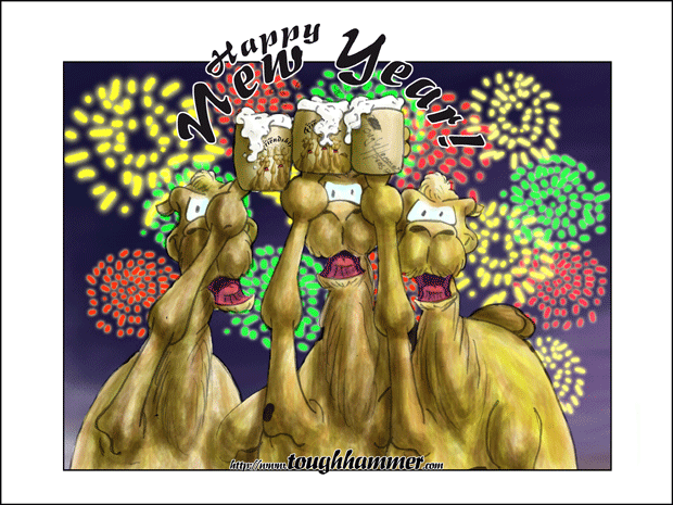3 Camels raise their beer mugs and toast : “Happy New Year!”
