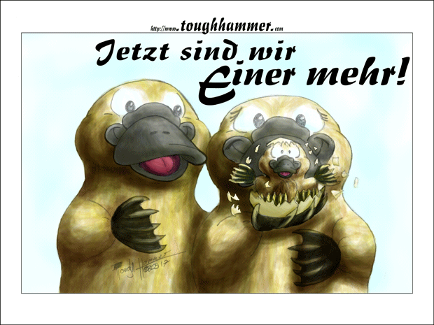 Schnabeltierepaar mit einem aus einem Ei schlüpfenden Schnabeltierei: “Jetzt sind wir einer mehr!”