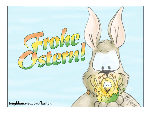 Kaninchen mit einem Ei in der Hand aus dem ein K&uuml;ken schl&uuml;pft: &ldquo;Frohe Ostern!&rdquo;